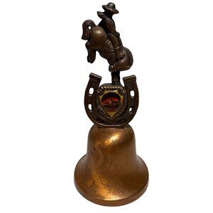 Vintage Wyoming Souvenir Copper Bell With Cowboy & Bucking Horse Horseshoe